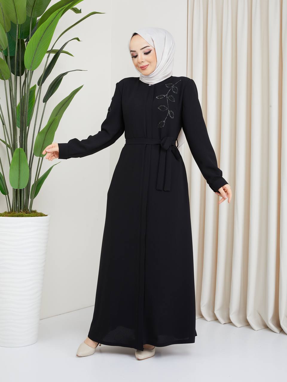 Pearly Leaves Zipper Abaya - (2 Colors)