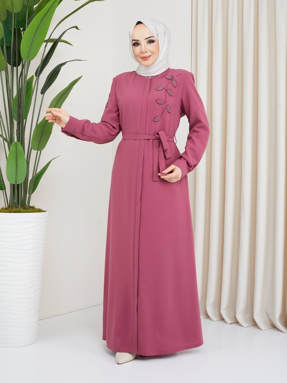 Pearly Leaves Zipper Abaya - (2 Colors)