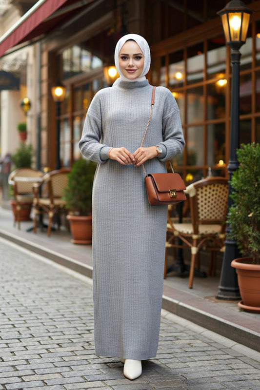 Ribbed Winter Dress - Gray