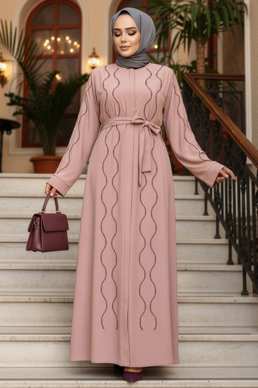Wavy Crystal Abaya - Pretty Pink
