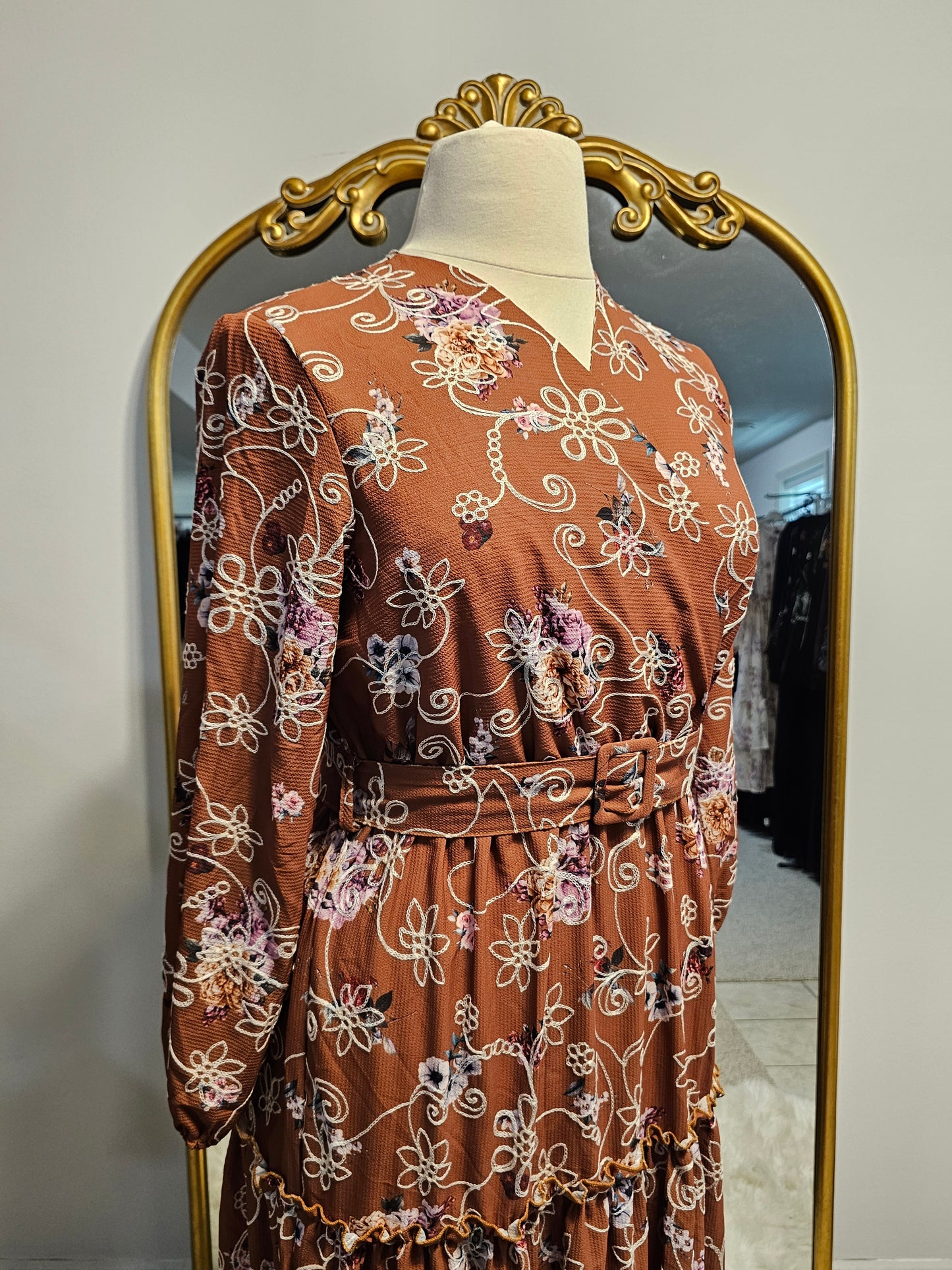 Tiered Floral Faux Wrap Dress - Burnt Orange