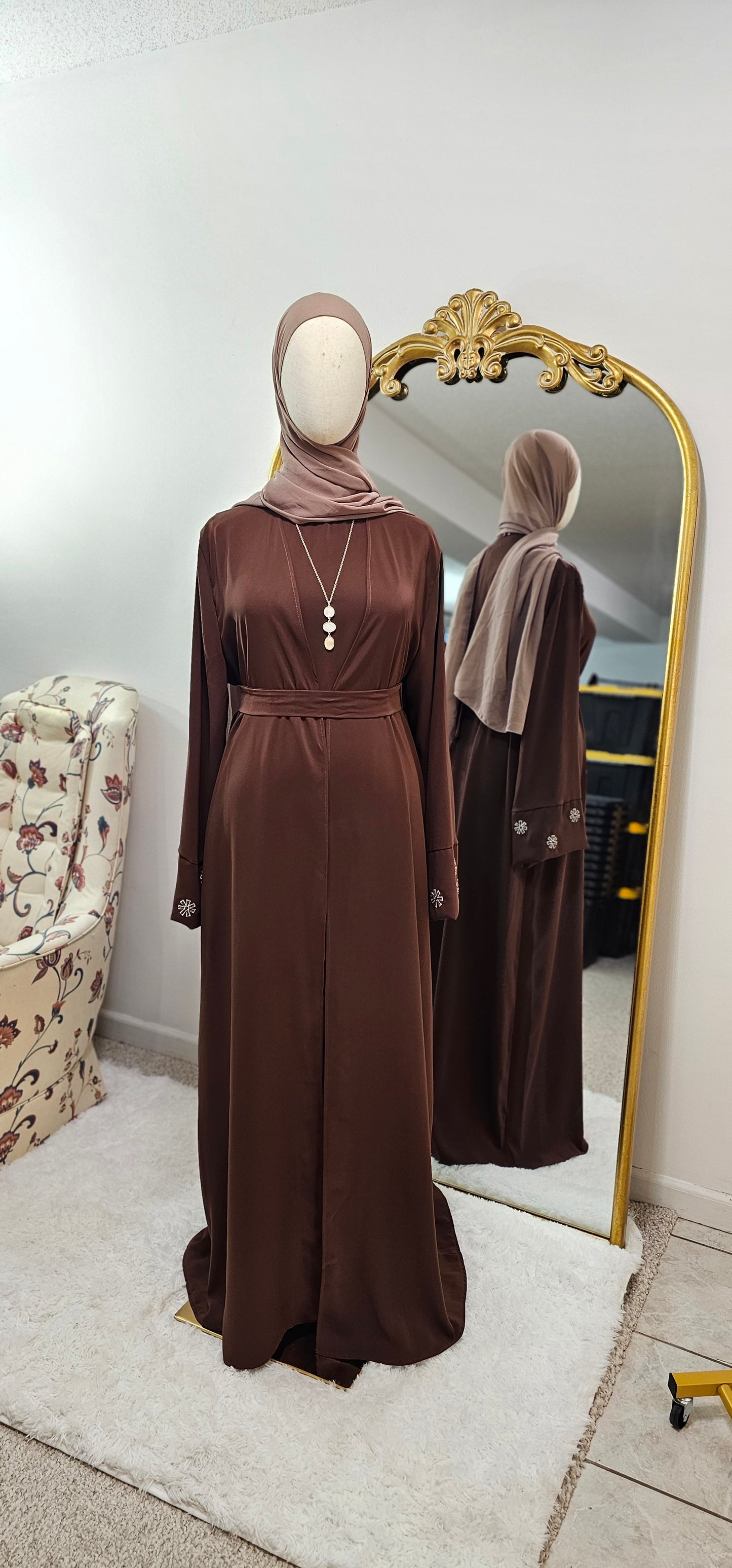 Delicate Floral Embroidered 2 PC Abaya - Rich Brown