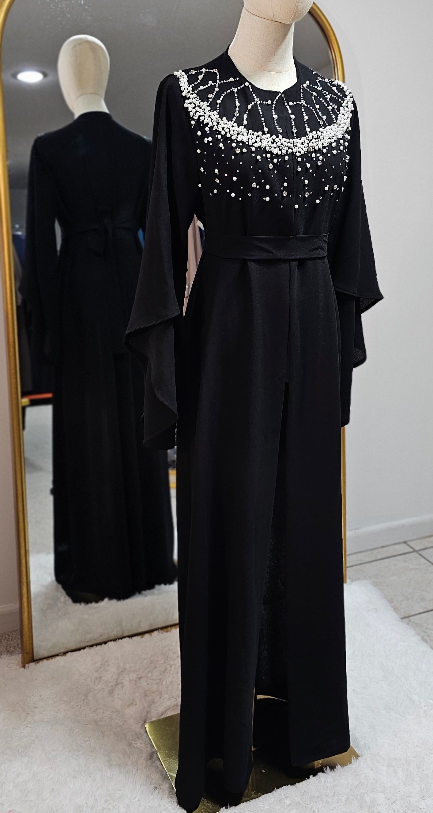 Beaded Pearl Collar Open Abaya