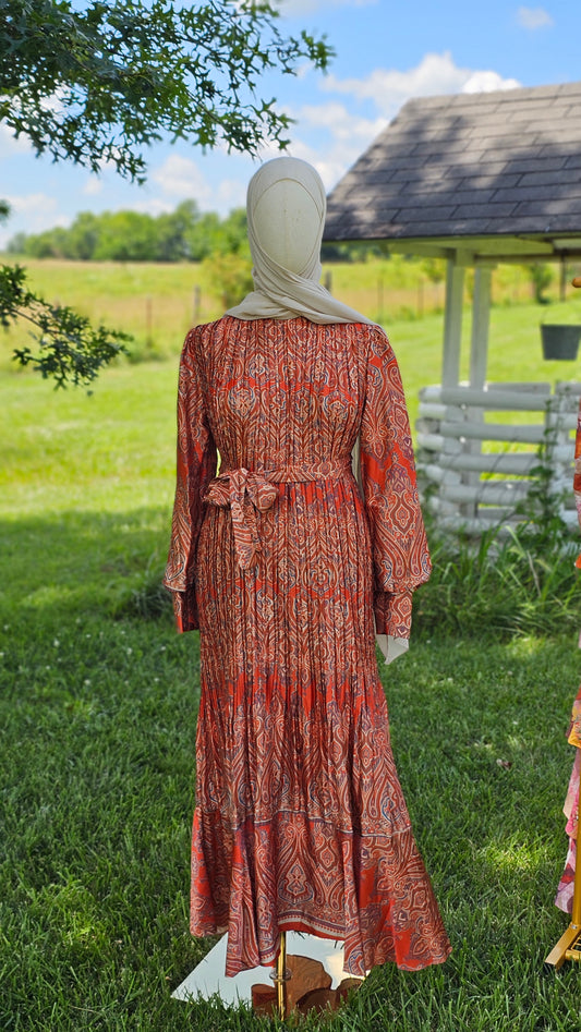 Pleated Satin Maxi Dress - Orange