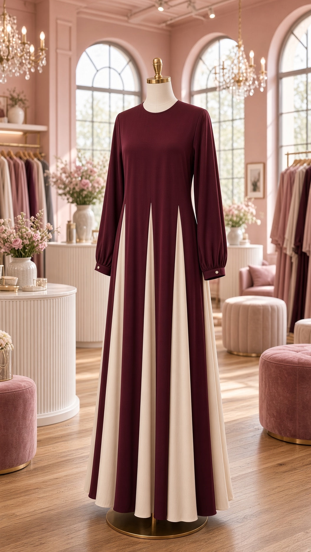 Coloblock Flowy Umbrella Abaya - Maroon