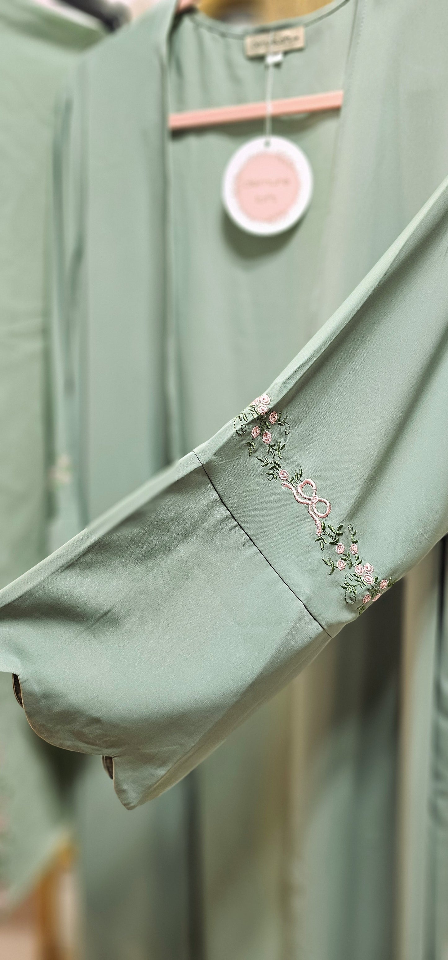 Embroidered Floral Boarder Abaya with Matching Hijab - Mint Green