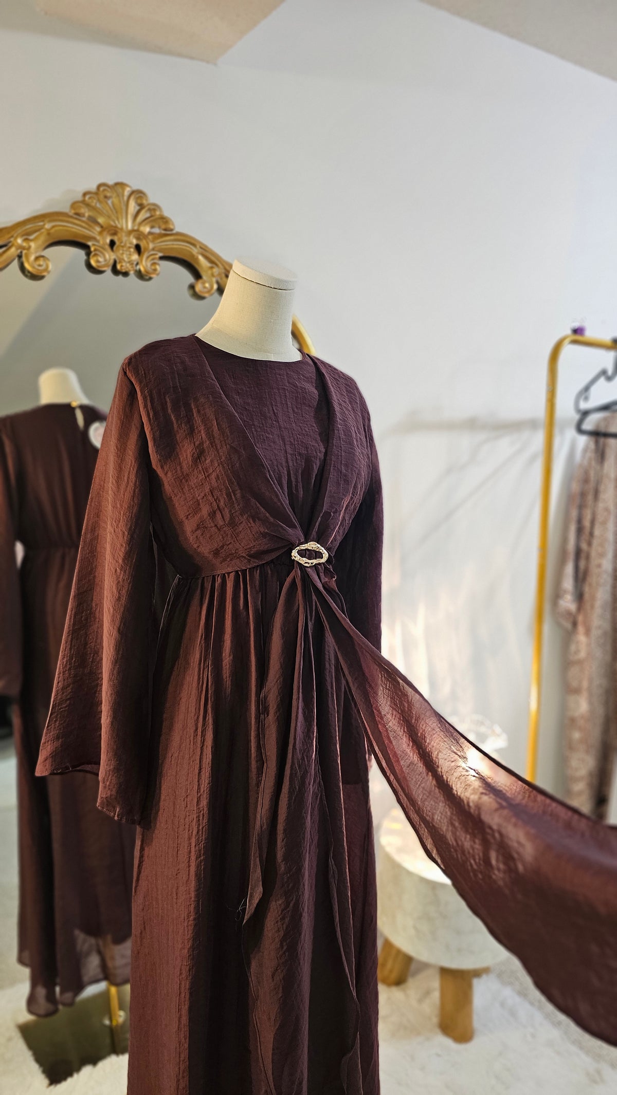 Faux Wrap Gold Brooch Maxi Dress - Burgundy