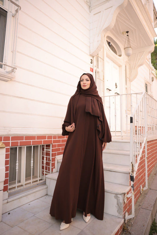 Madina Silk Abaya with Attached Matching Hijab - Brown