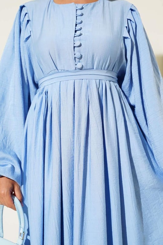 Gathered Lantern Sleeve Dress - Sky Blue