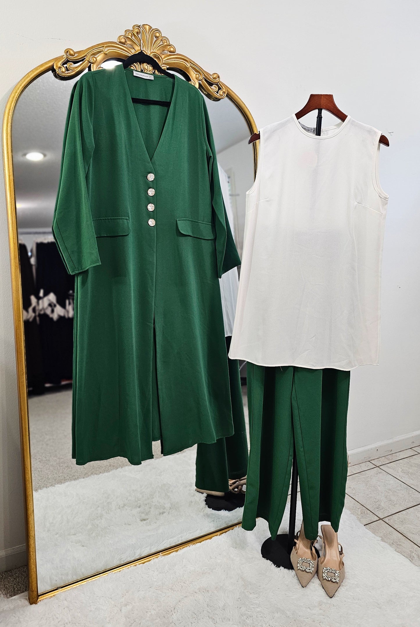 Gold Button Long 3 Pc Set - Green