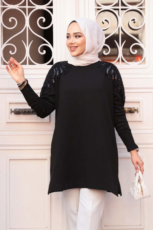 Beaded Flower Tunic - Black