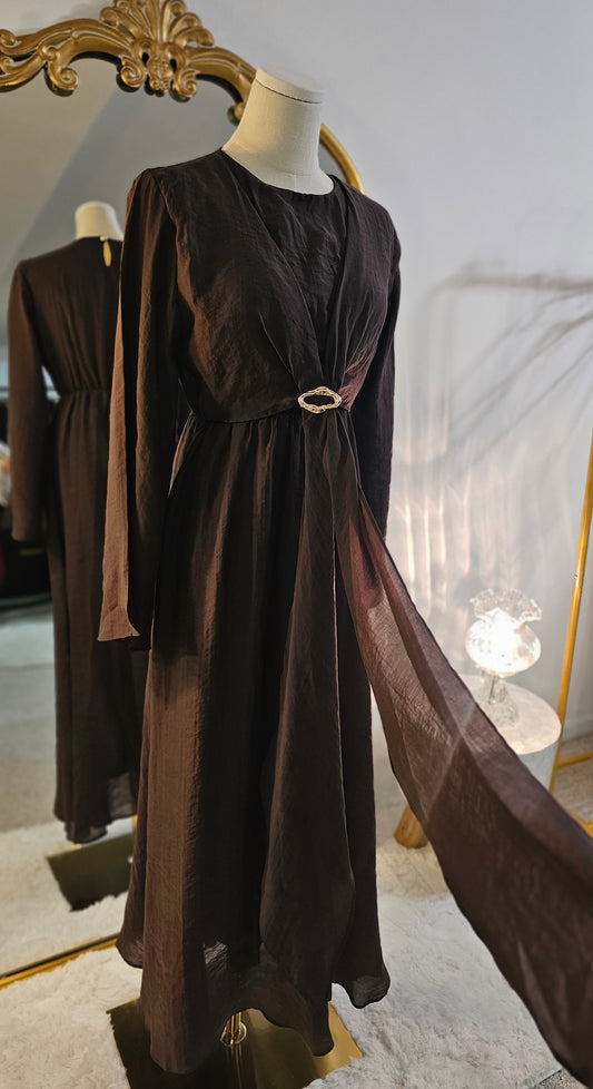 Faux Wrap Gold Brooch Maxi Dress - Brown