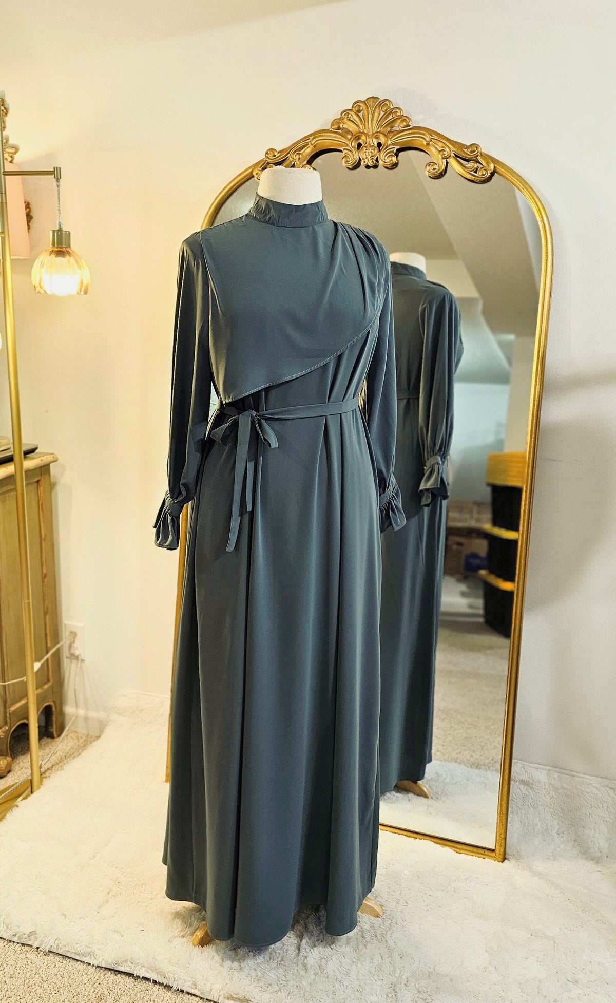 Asymmetrical Overlay Ruched Sleeve Abaya - Dusty Sage