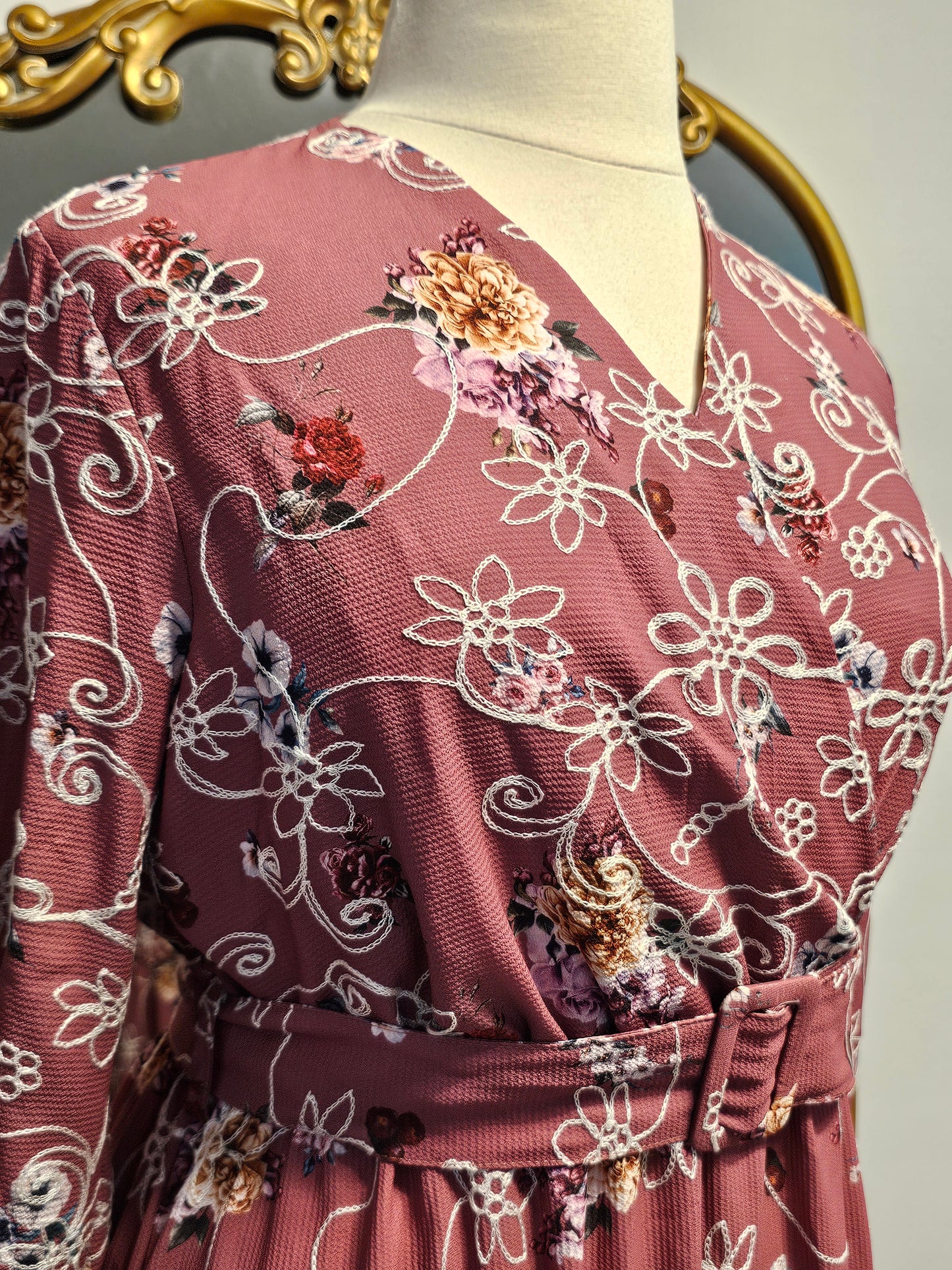 Tiered Floral Faux Wrap Dress - Rose