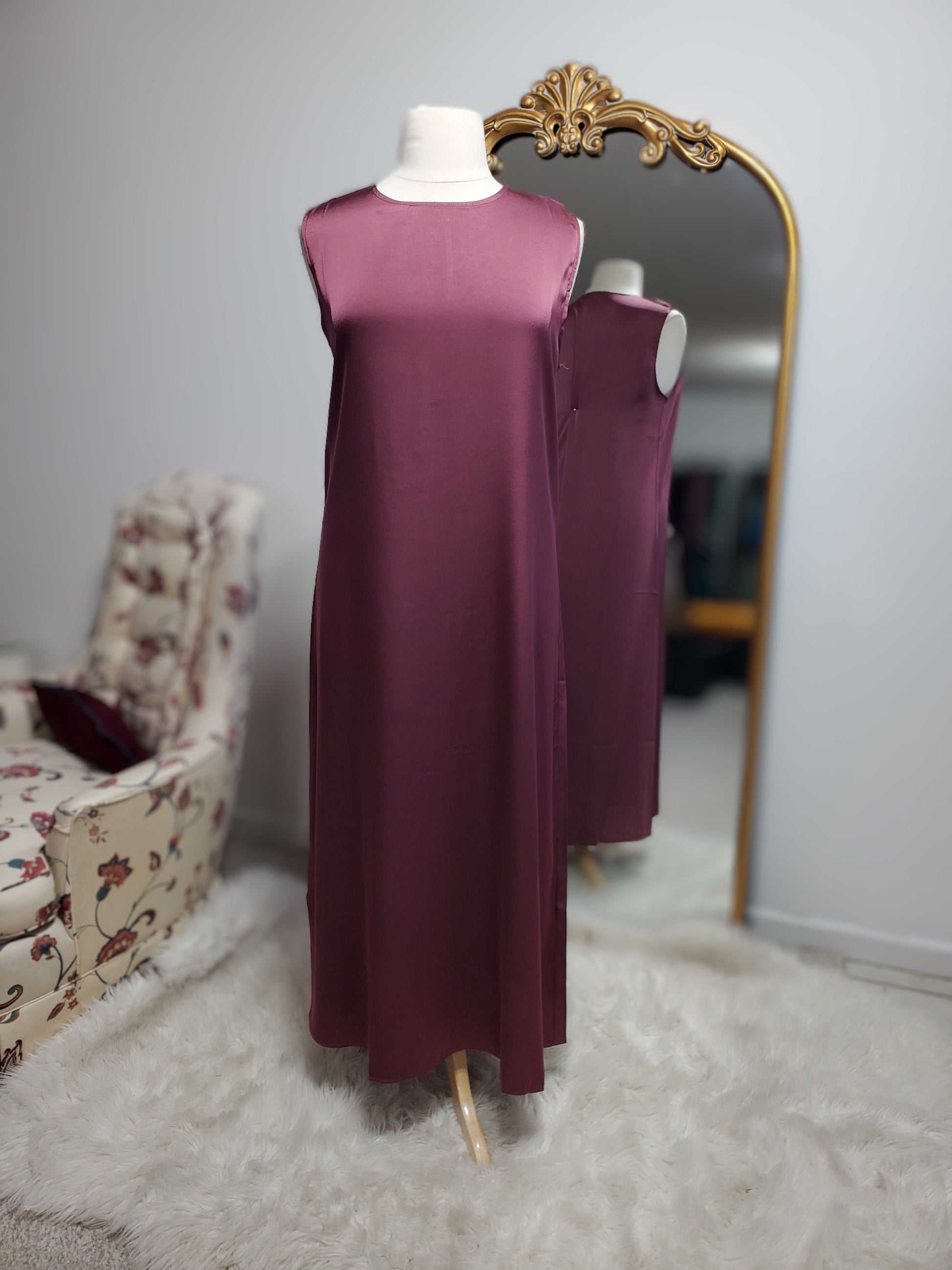 Premium Satin Under Abaya Slip Dress - Burgundy Demure Loft Premium Satin Under Abaya Slip Dress - Burgundy Demure Loft