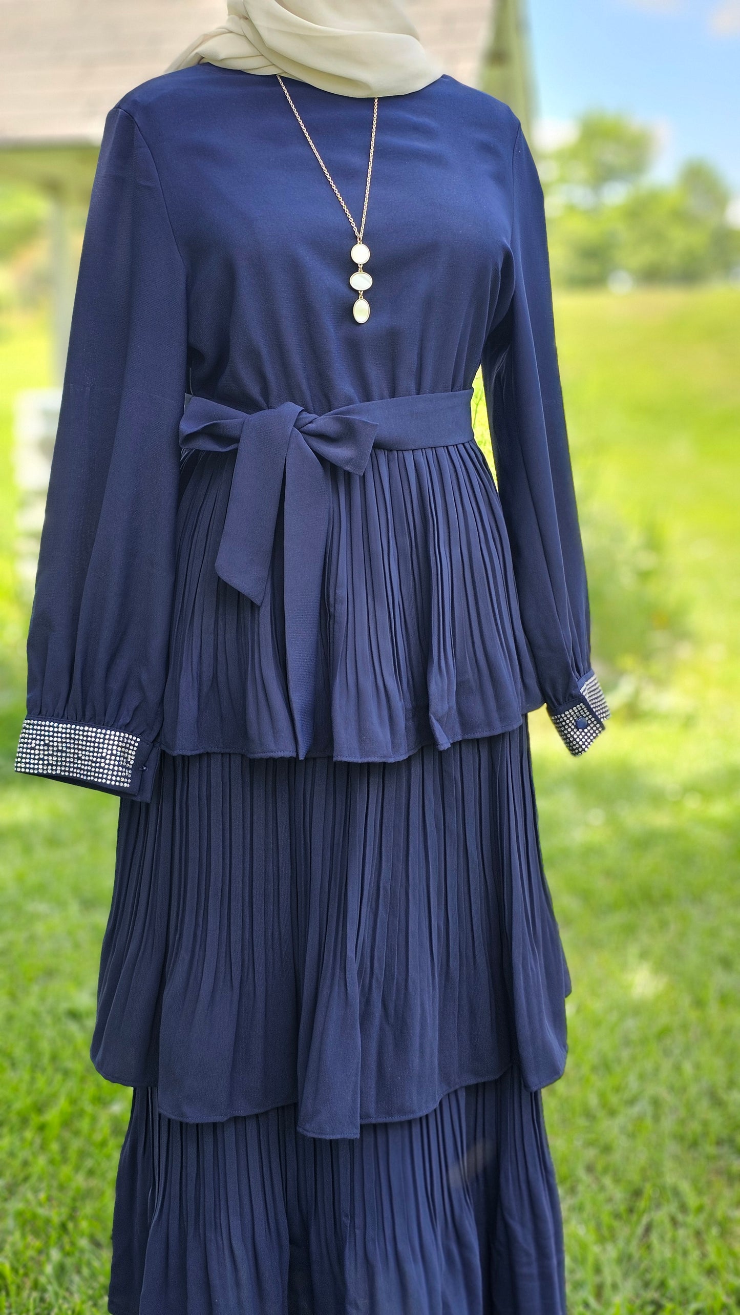 Pleated Maxi Dress with Sparkle Sleeves - Navy Blue