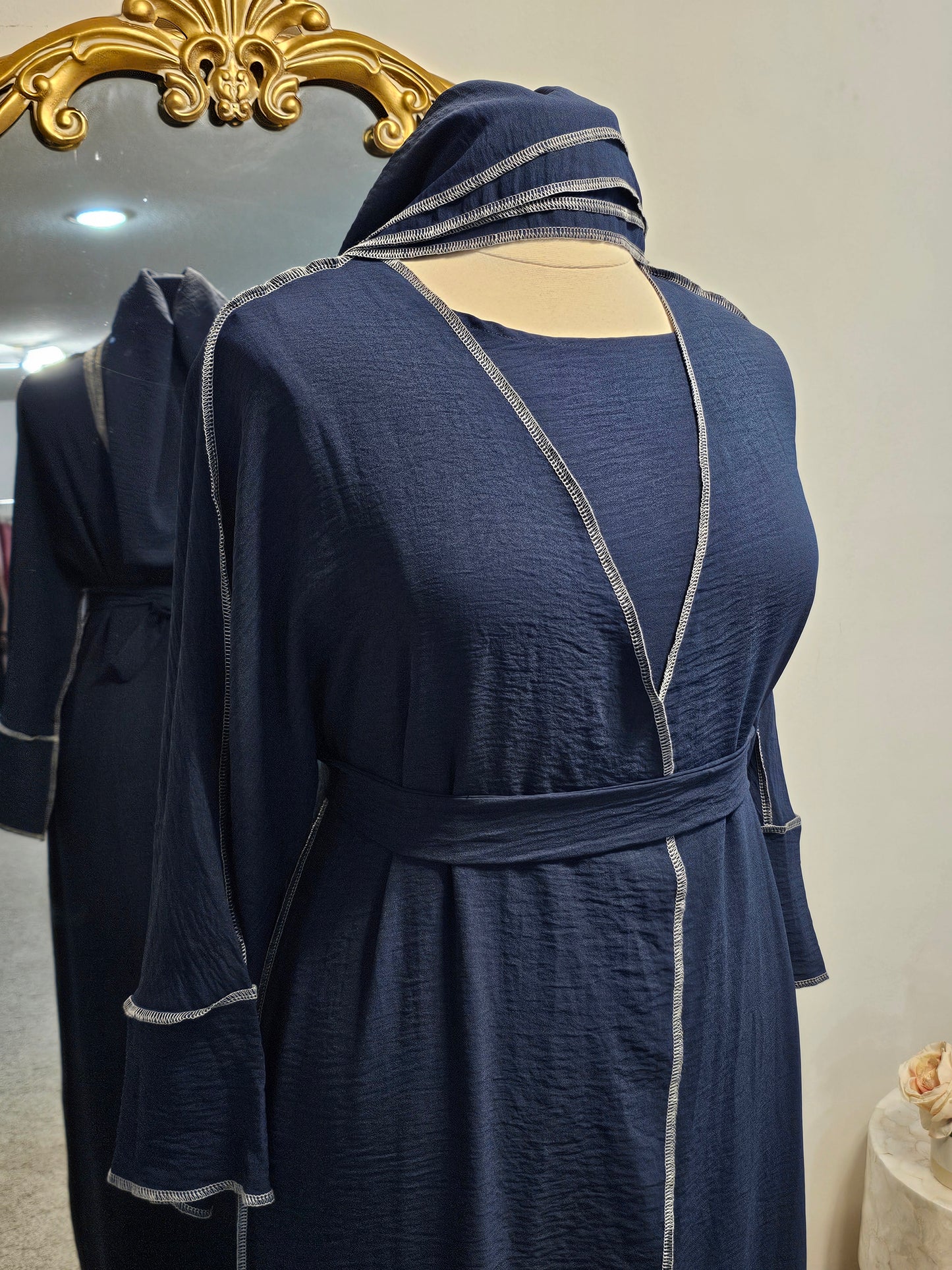 Crinkle Stitched 3 PC Abaya - Navy Blue