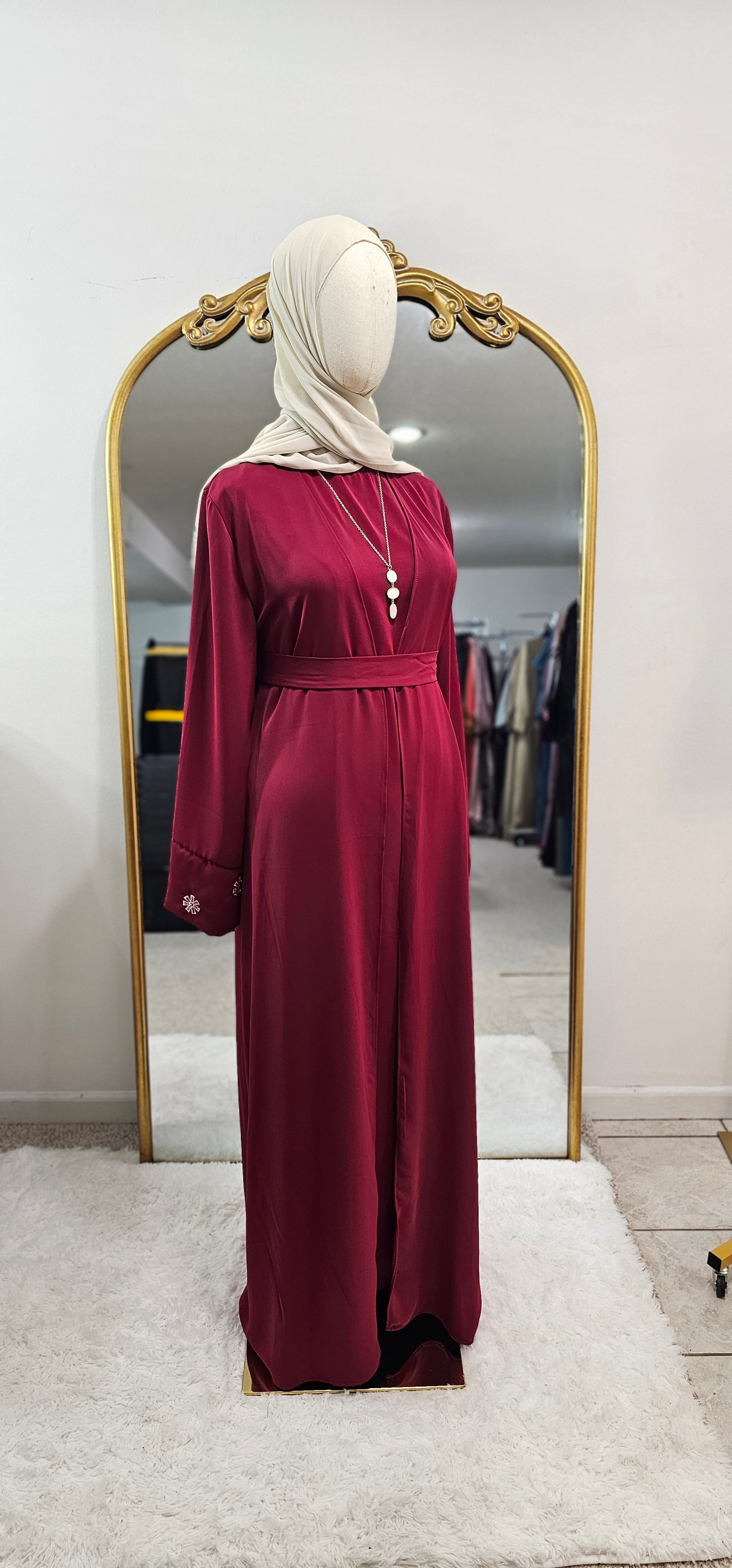 Delicate Floral Embroidered 2 PC Abaya - Rich Red