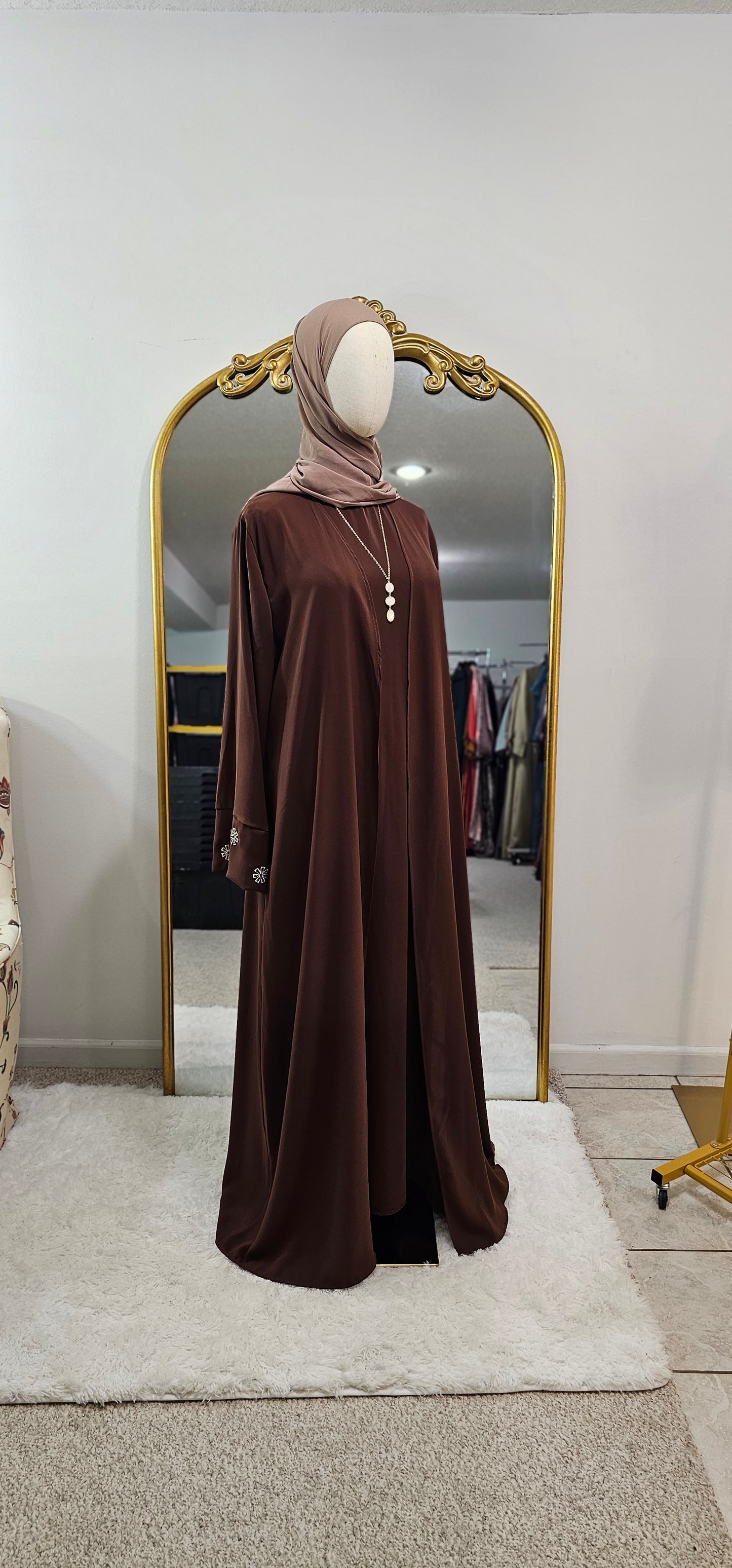 Delicate Floral Embroidered 2 PC Abaya - Rich Brown