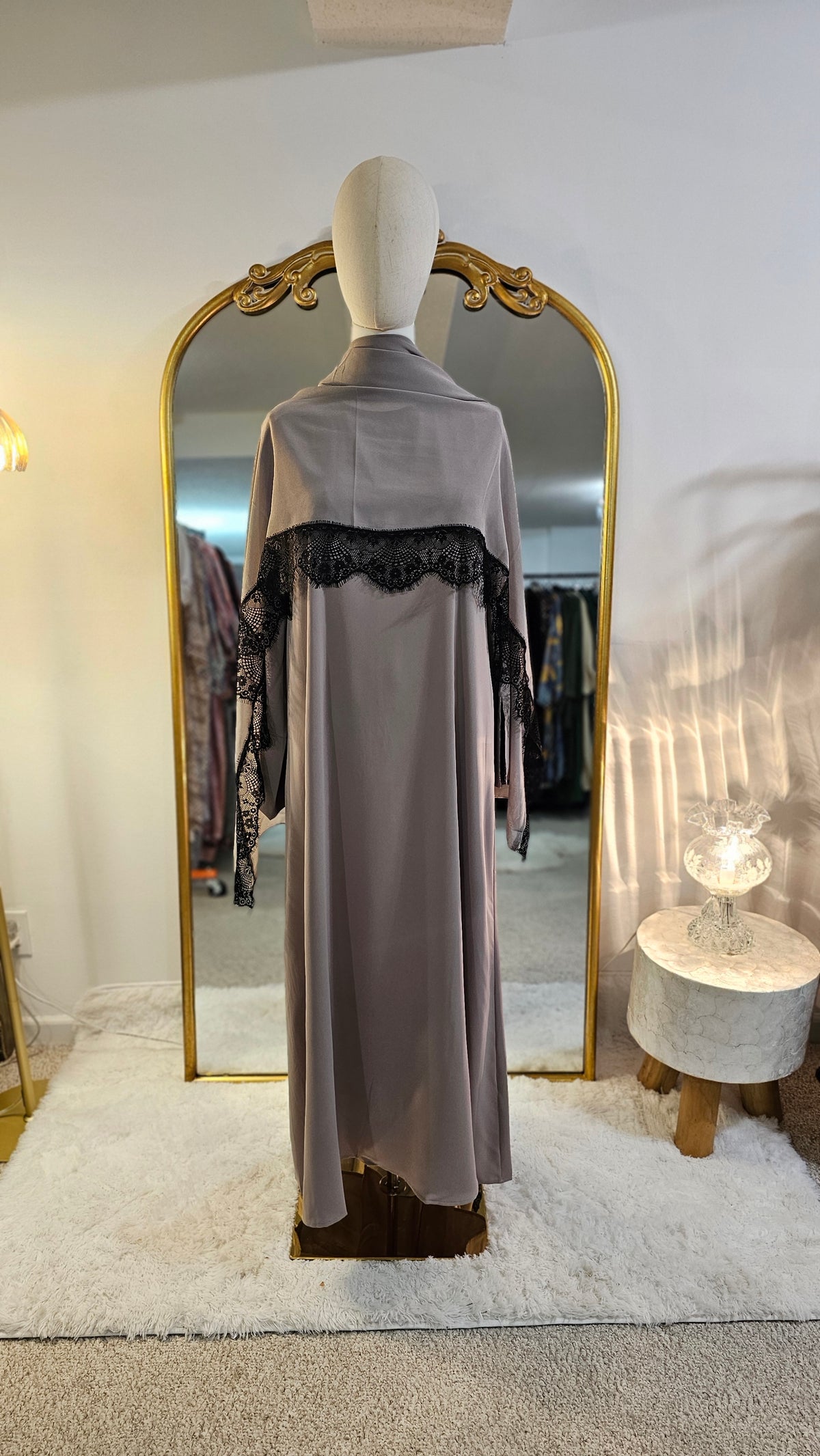 Peekaboo Lace Abaya with Matching Hijab - Taupe Gray