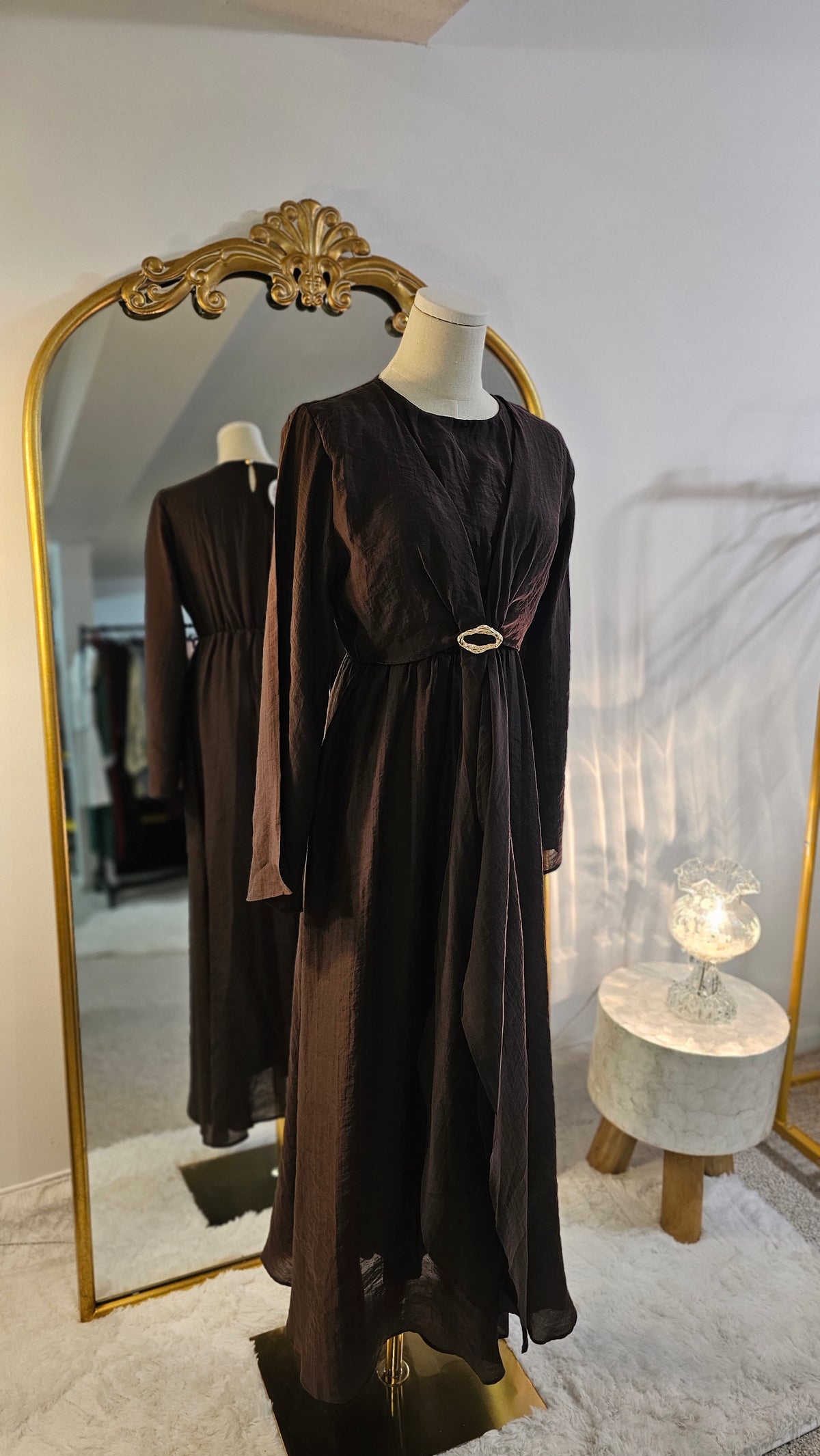 Faux Wrap Gold Brooch Maxi Dress - Brown