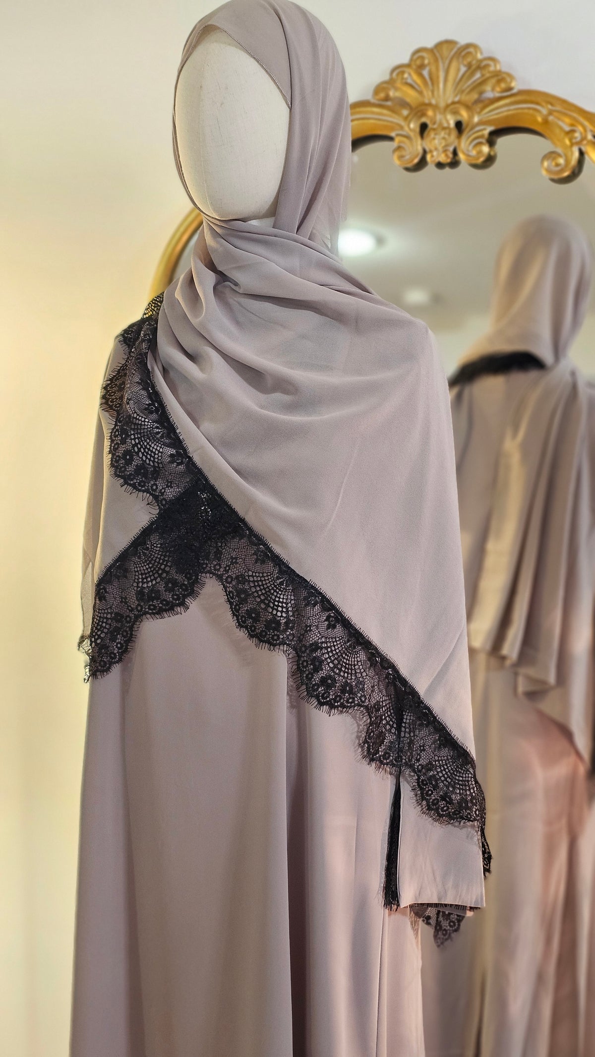 Peekaboo Lace Abaya with Matching Hijab - Taupe Gray