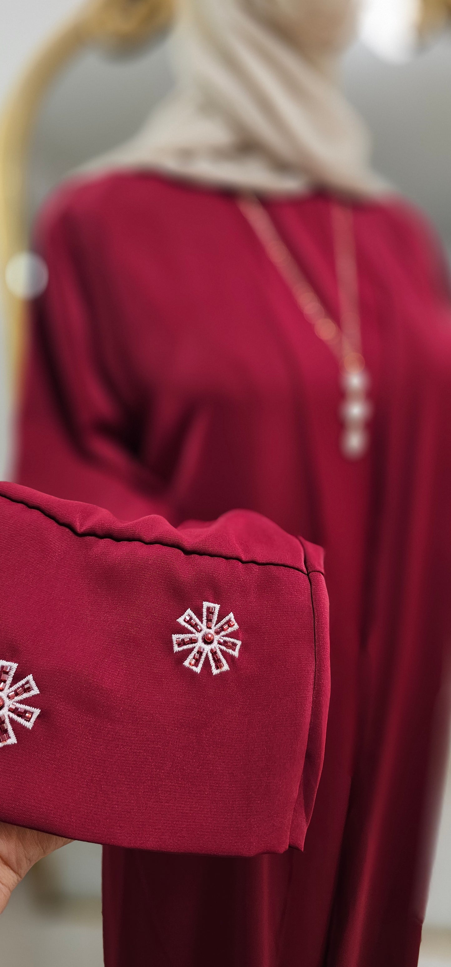 Delicate Floral Embroidered 2 PC Abaya - Rich Red