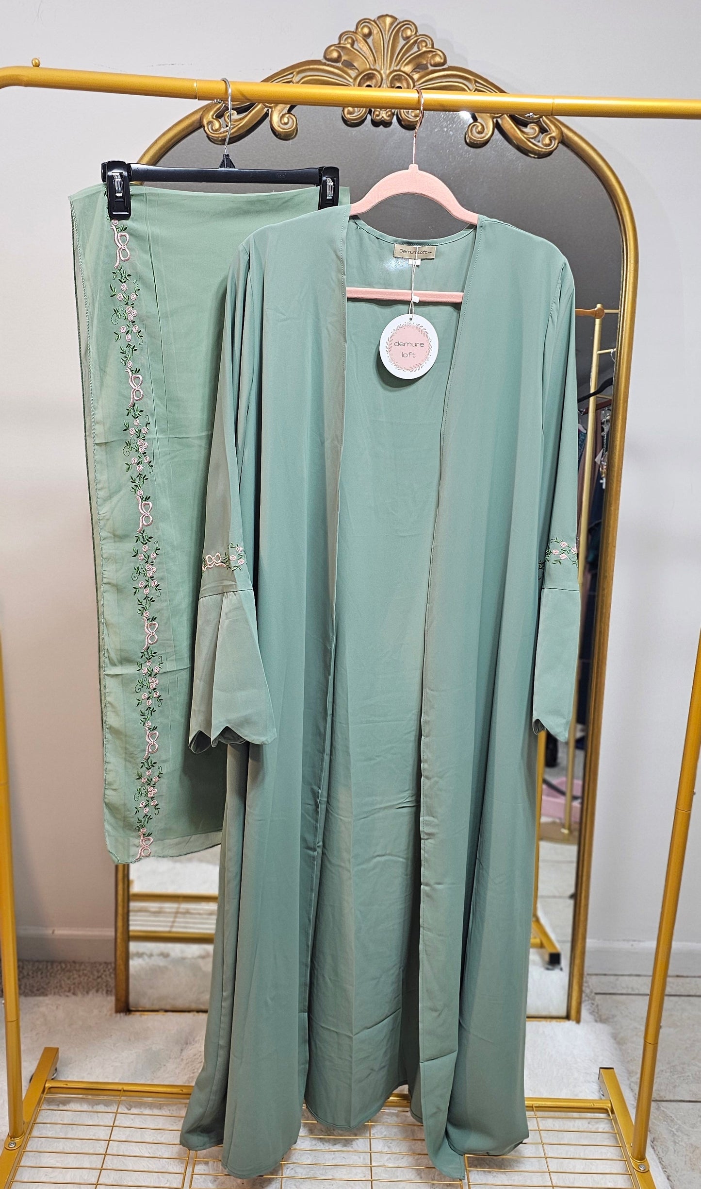Embroidered Floral Boarder Abaya with Matching Hijab - Mint Green