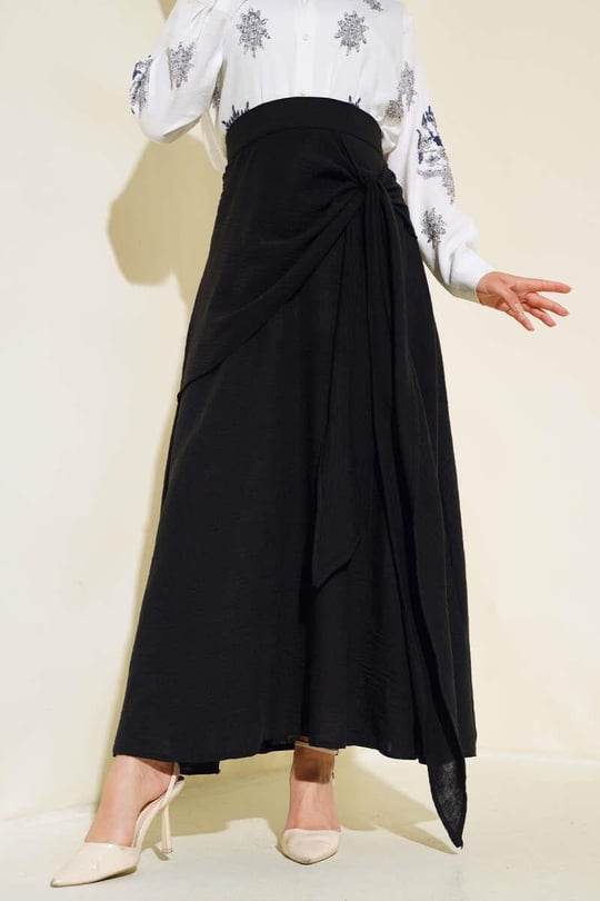 Side Tie Faux Wrap Maxi Skirt - Black