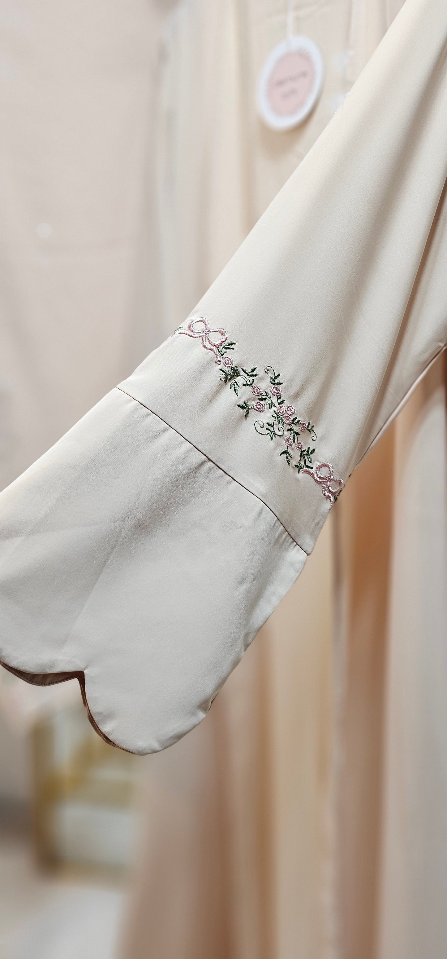 Embroidered Floral Boarder Abaya with Matching Hijab - Cream