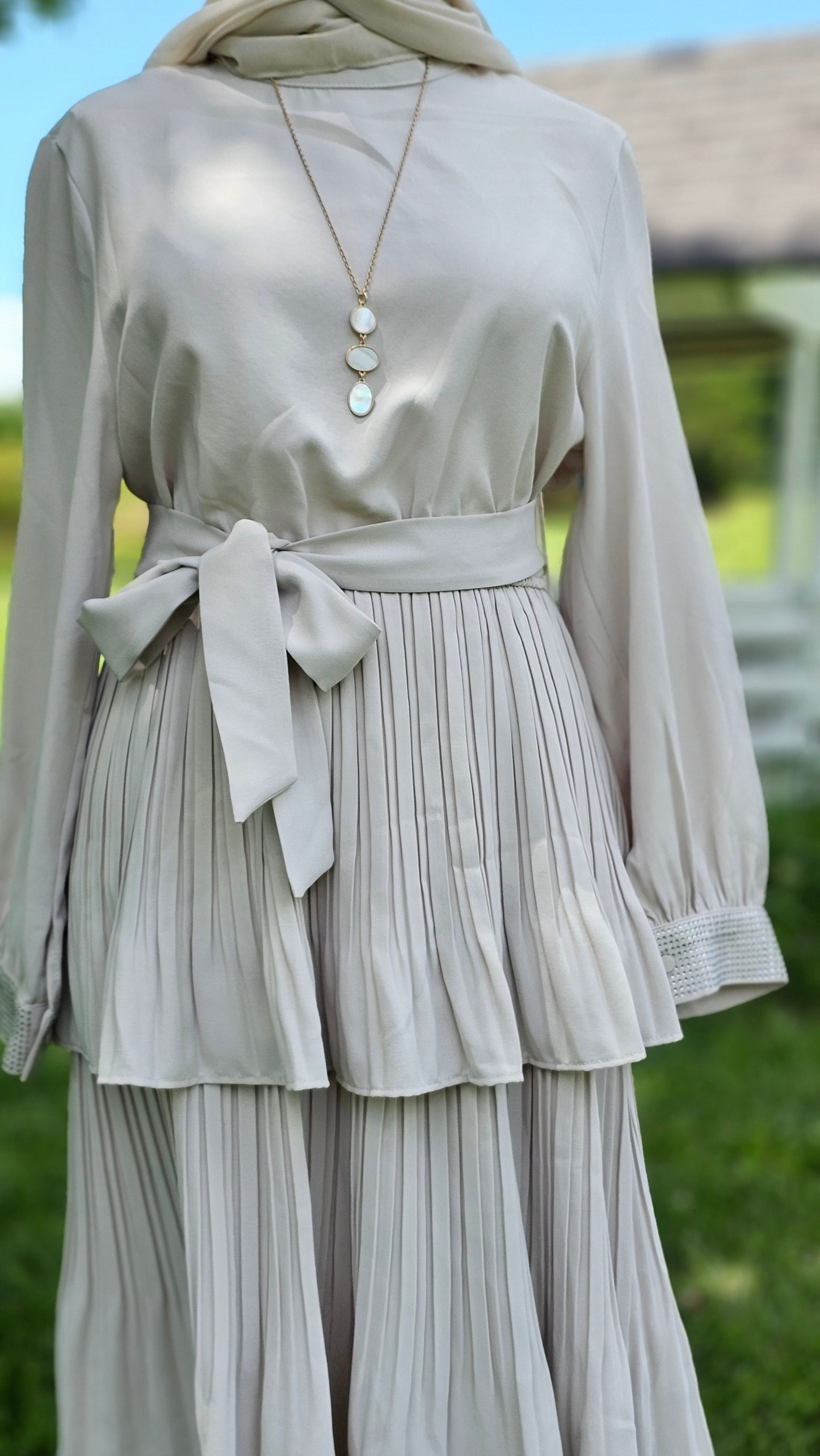 Pleated Maxi Dress with Sparkle Sleeves - Ivory