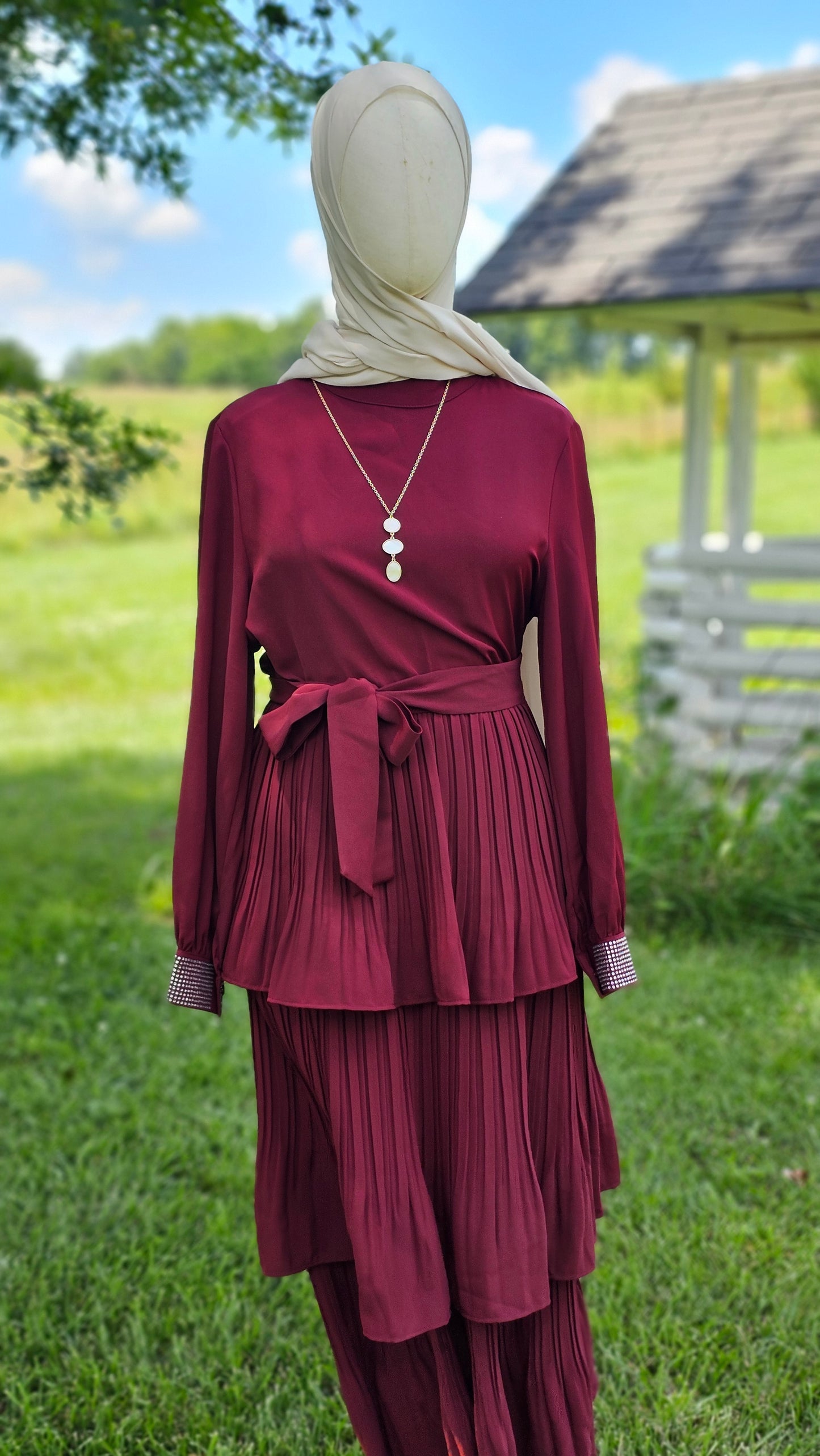 Pleated Maxi Dress with Sparkle Sleeves - Maroon