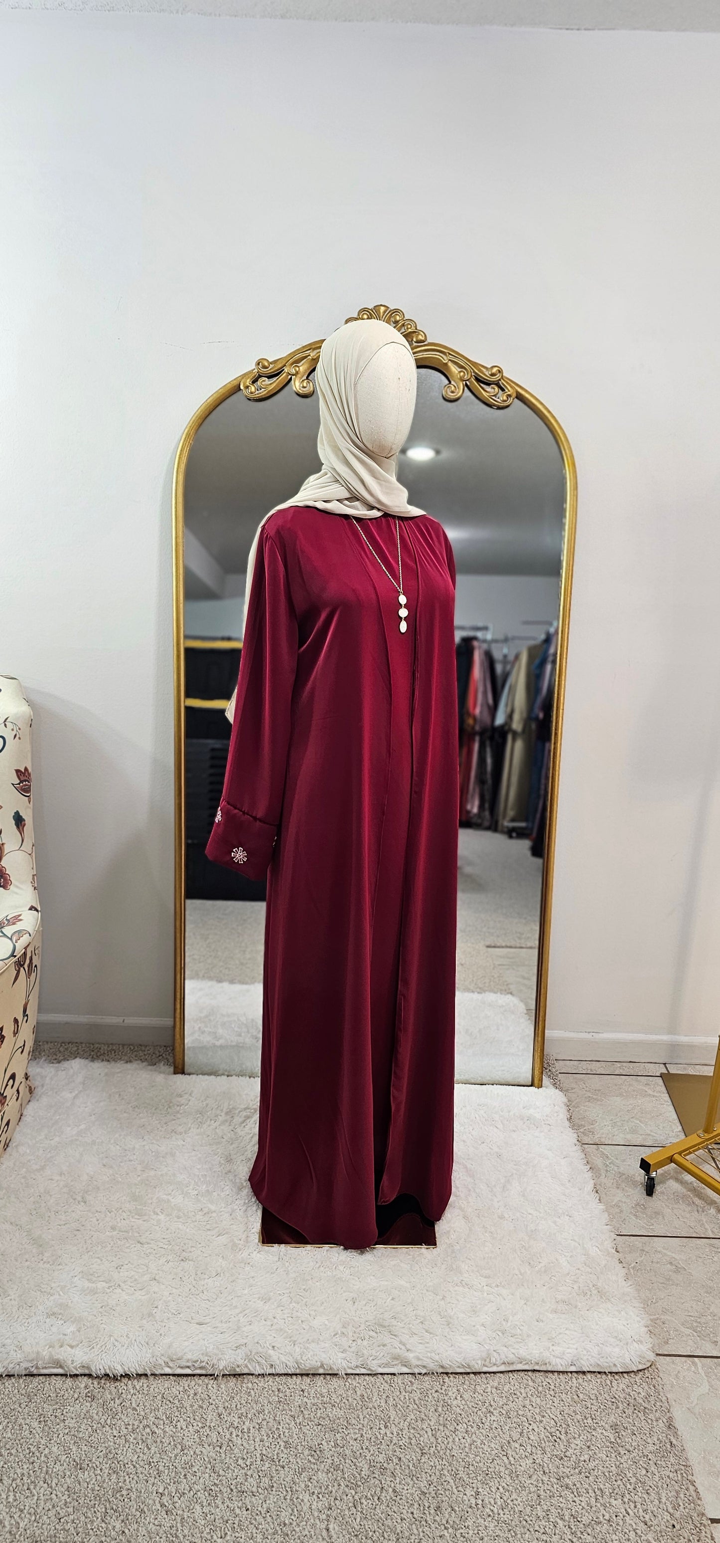 Delicate Floral Embroidered 2 PC Abaya - Rich Red
