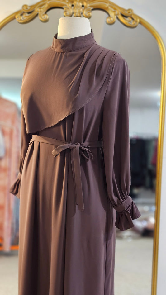 Asymmetrical Overlay Ruched Sleeve Abaya - Dusty Mocha