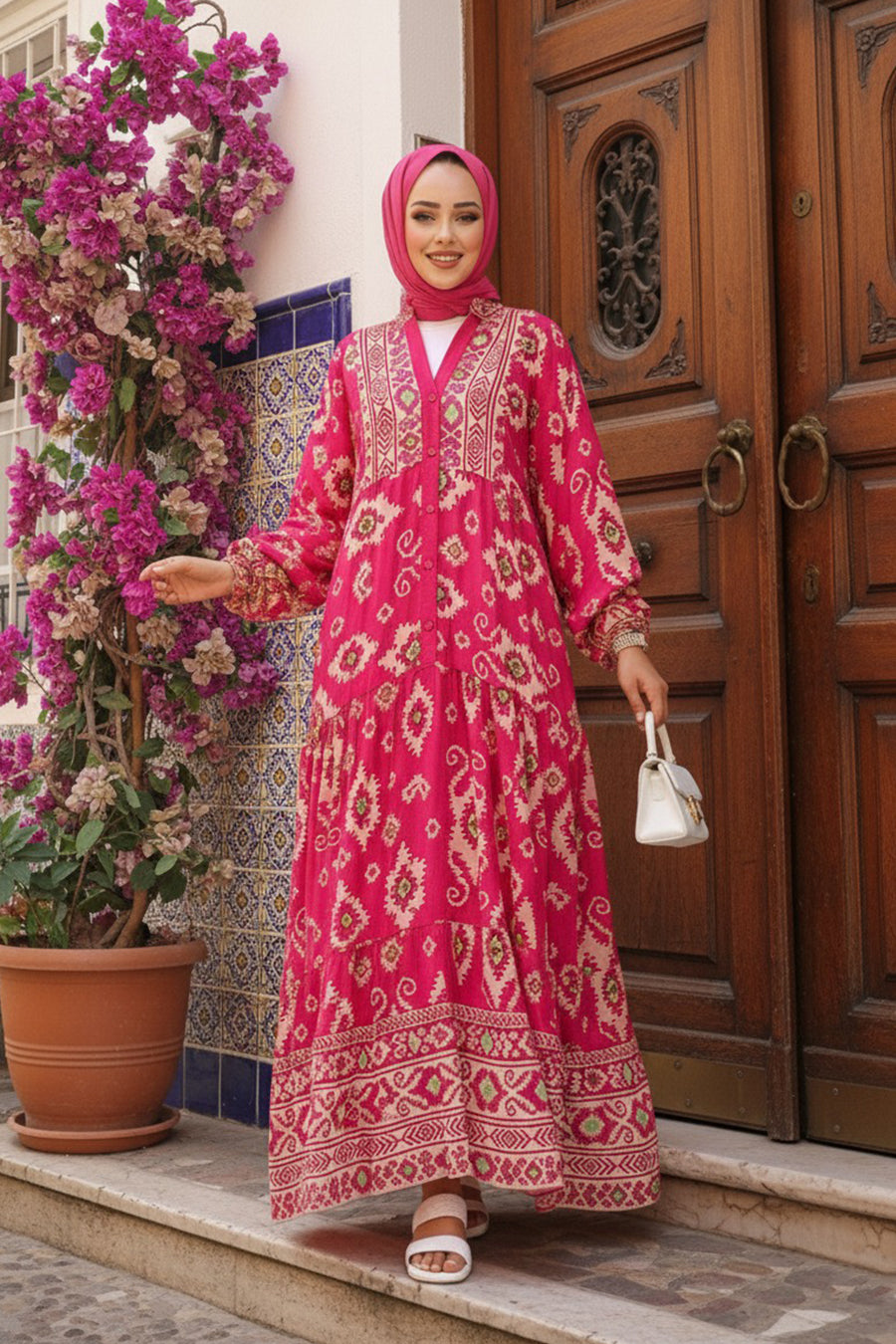 Viscose Pattern Maxi Dress - Pink