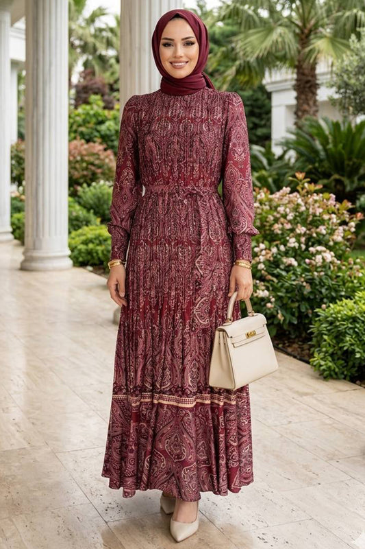 Pleated Satin Maxi Dress - Maroon