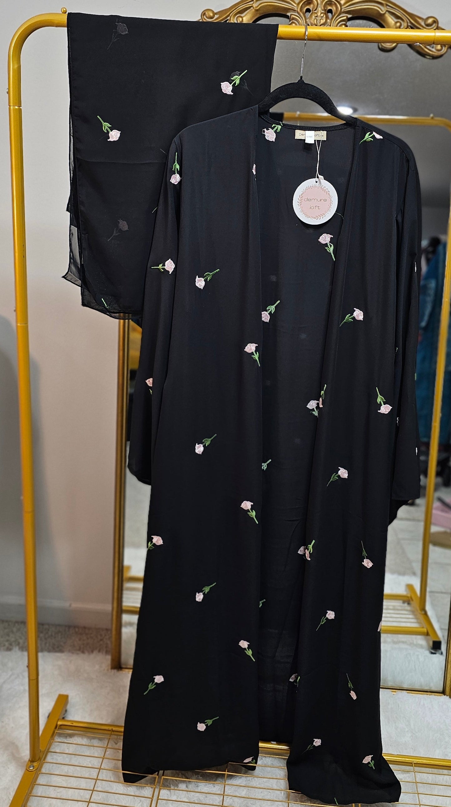 Floral Embroidered Chiffon Abaya with Matching Hijab - Black
