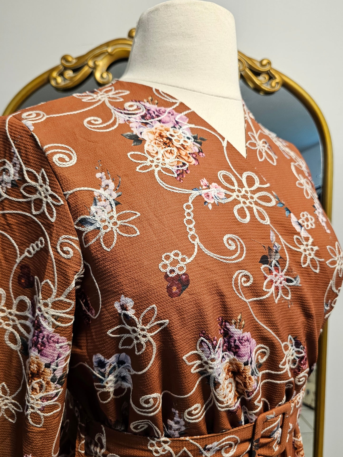 Tiered Floral Faux Wrap Dress - Burnt Orange