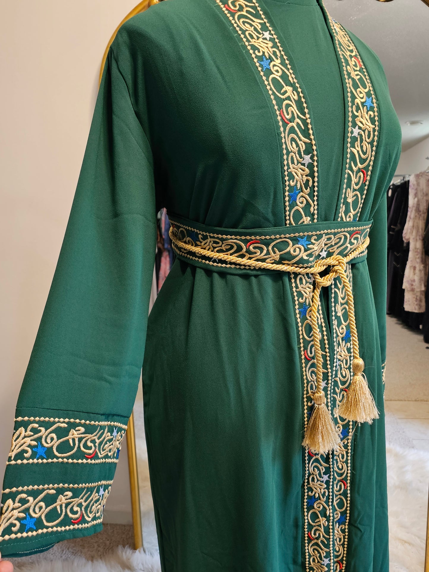Embroidered calligraphy 3 PC kaftan Dress - Green