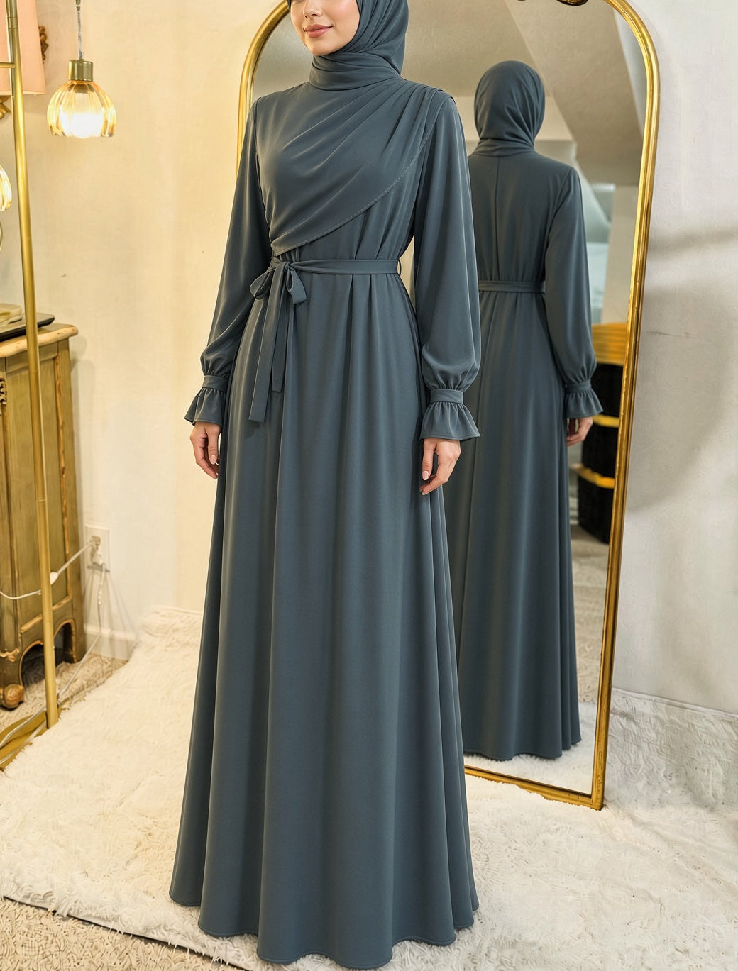 Asymmetrical Overlay Ruched Sleeve Abaya - Dusty Sage