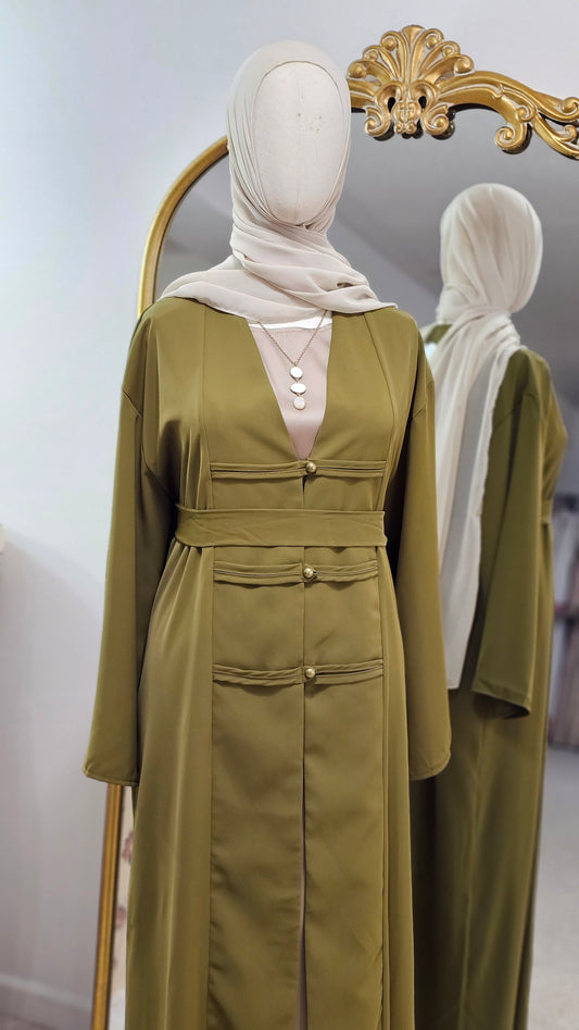Fancy Elegant Open Abaya - Mustard Green