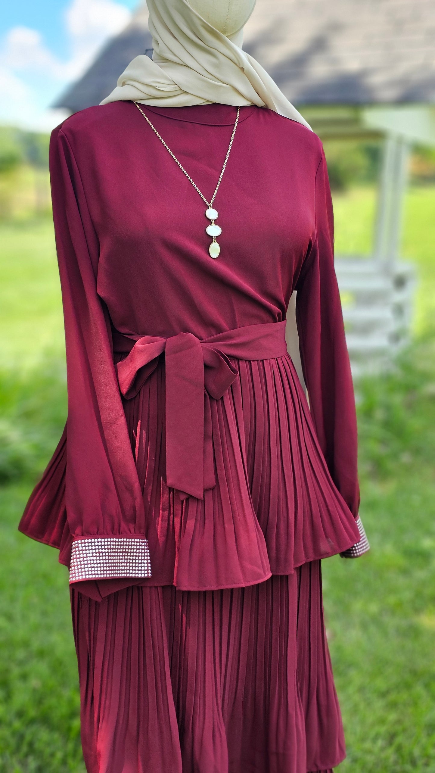 Pleated Maxi Dress with Sparkle Sleeves - Maroon