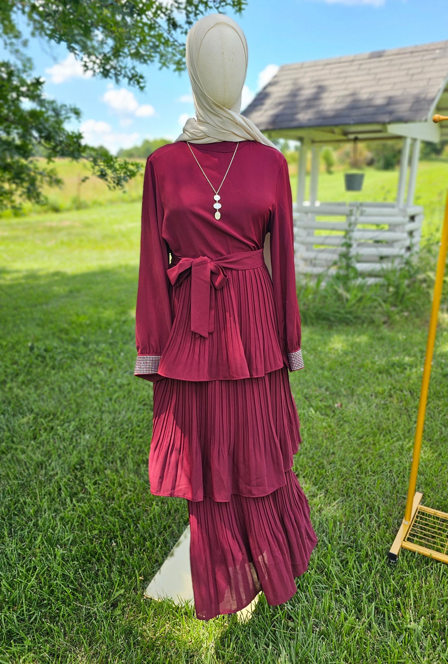 Pleated Maxi Dress with Sparkle Sleeves - Maroon