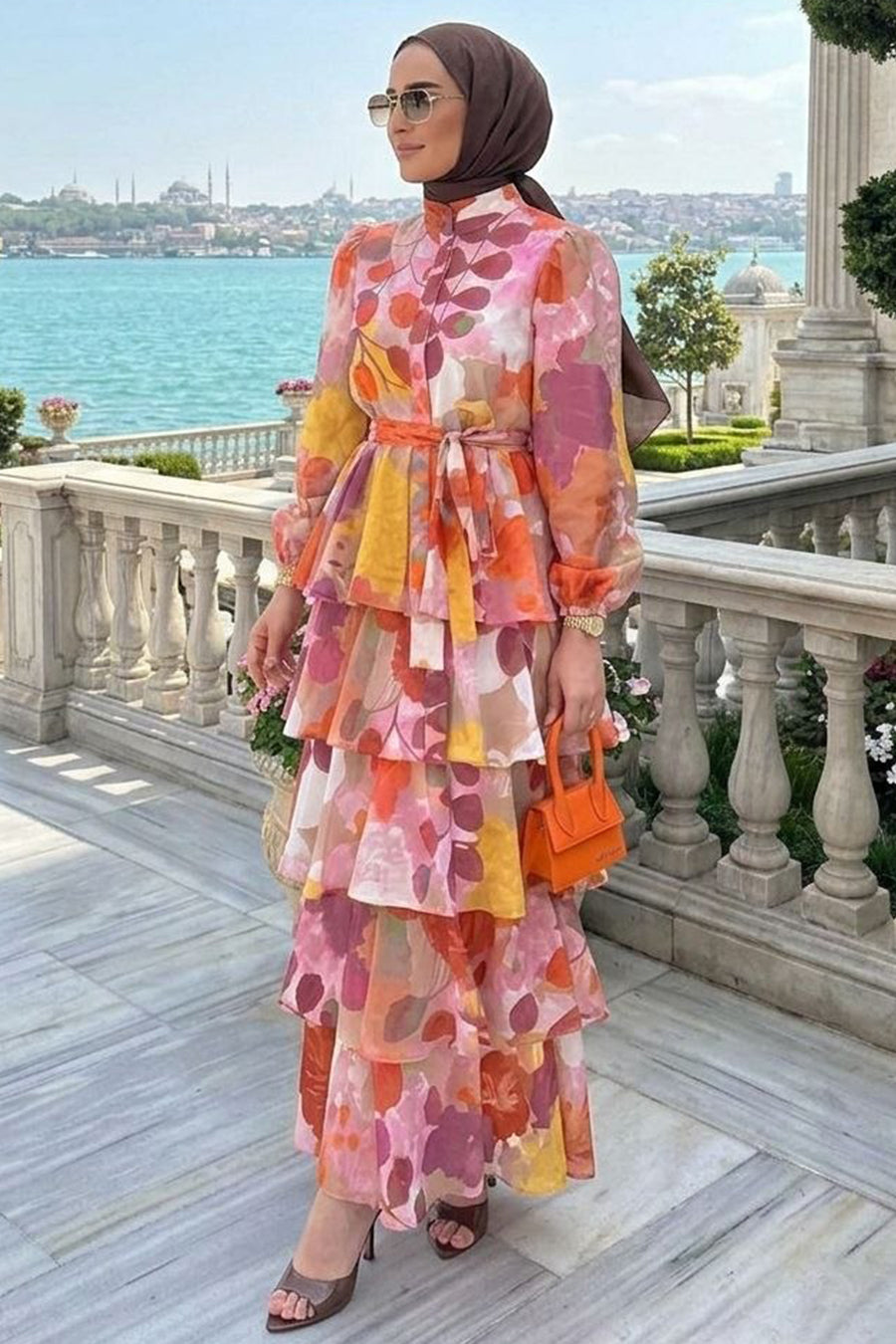 Layered Flared Maxi Dress - Pink Orange
