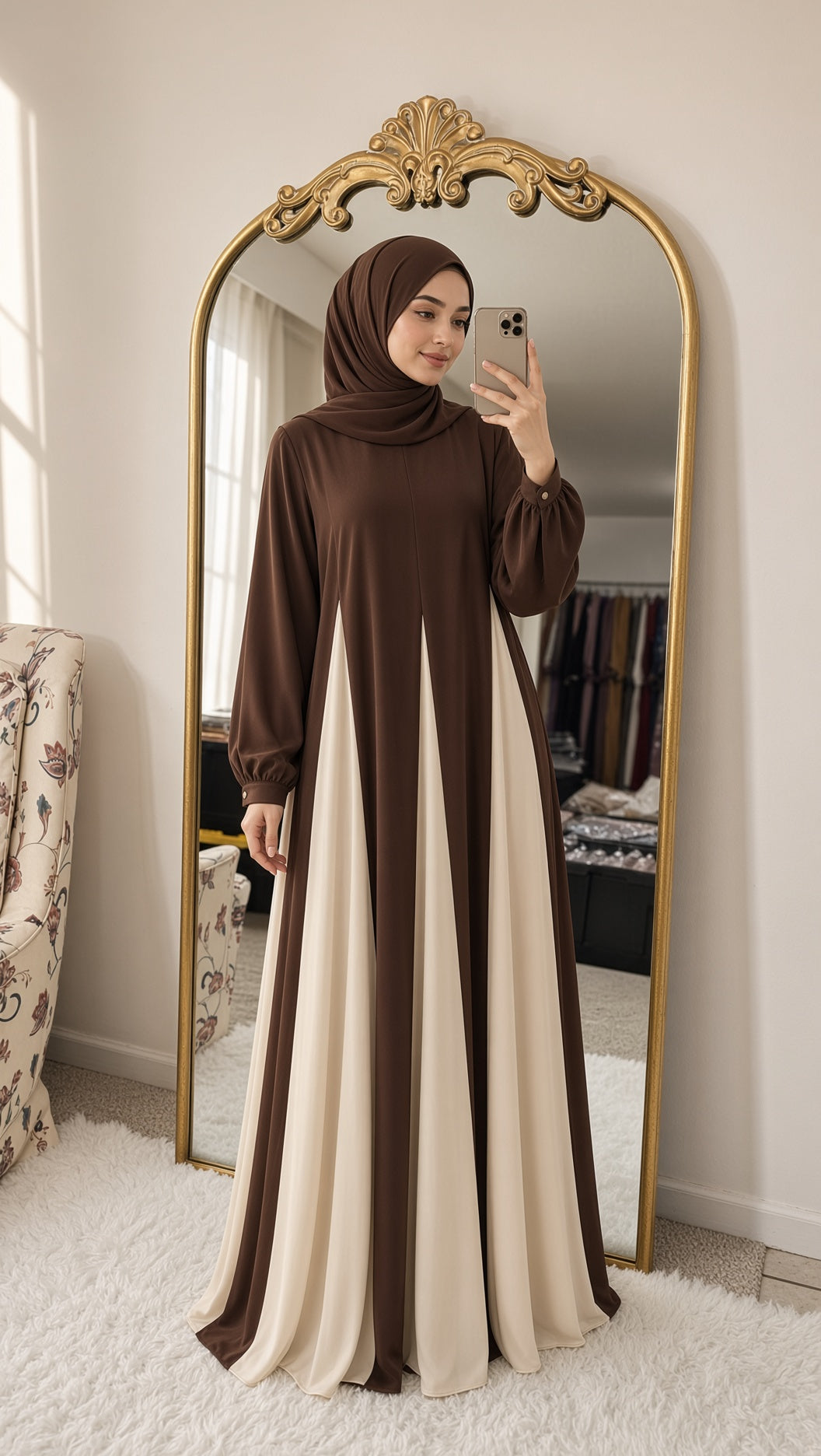 Coloblock Flowy Umbrella Abaya - Rich Brown