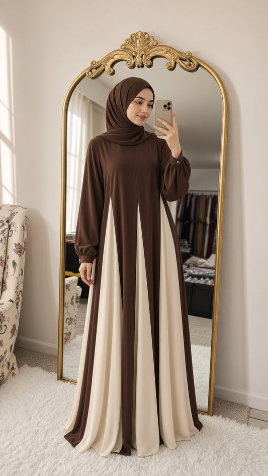 Coloblock Flowy Umbrella Abaya - Rich Brown