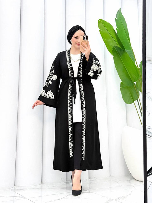 Embroidered Maxi Cardigan - Black