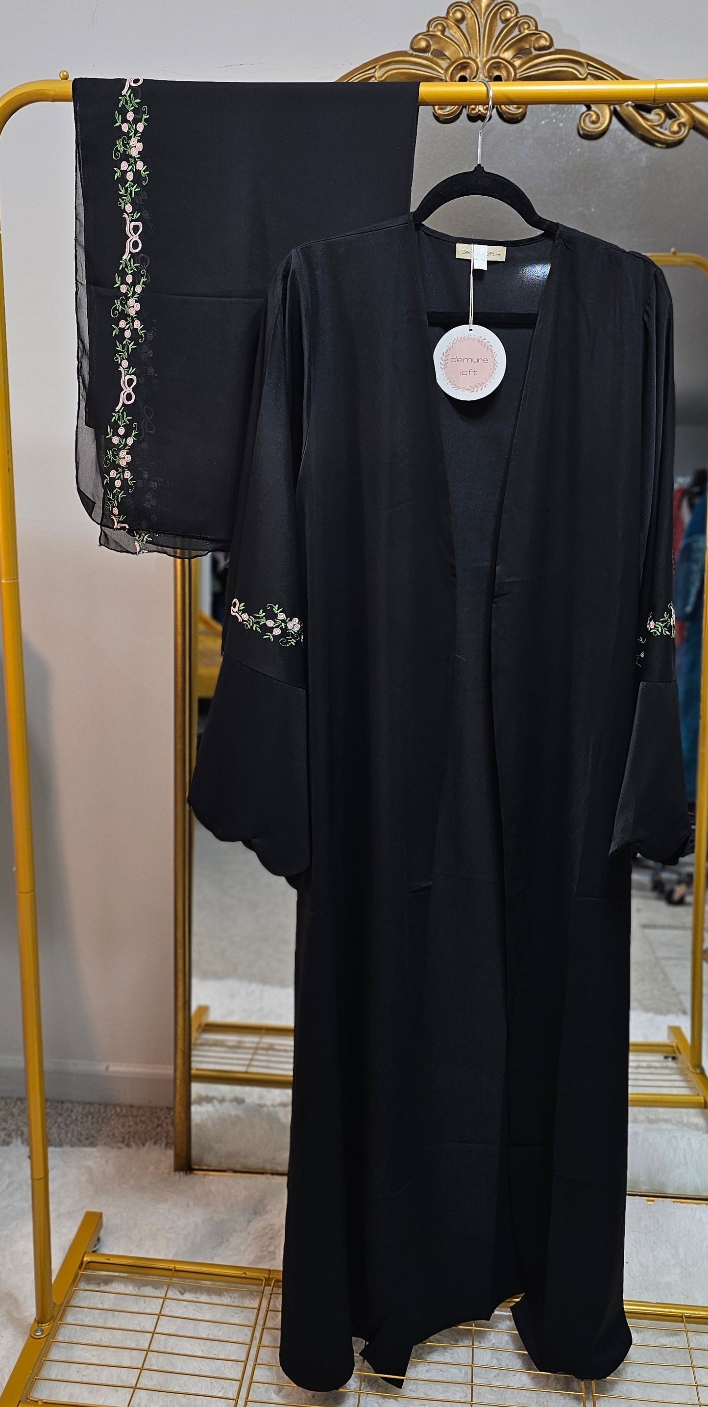 Embroidered Floral Boarder Abaya with Matching Hijab - Black