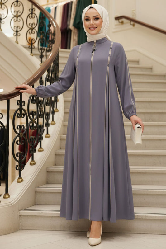 Button Contrast Lines Flowy Abaya -Pale Lavender