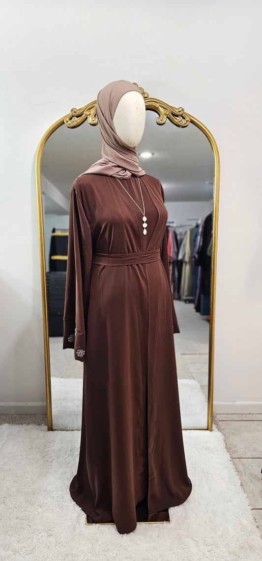 Delicate Floral Embroidered 2 PC Abaya - Rich Brown